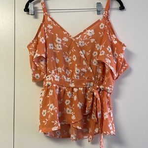 Size M orange floral cold shoulder top with tie at the waist